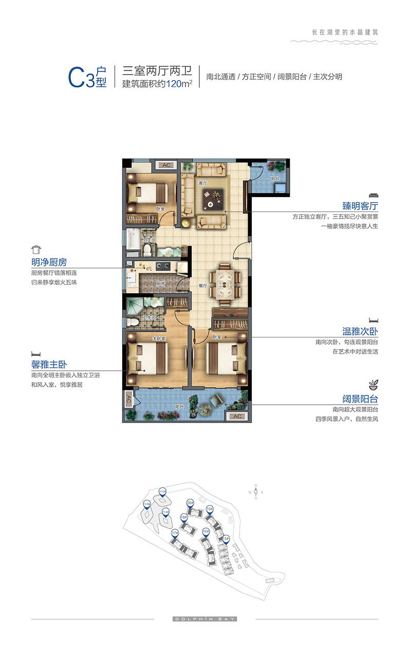 新田城海豚湾户型图-洋房C3三室两厅两卫约120㎡