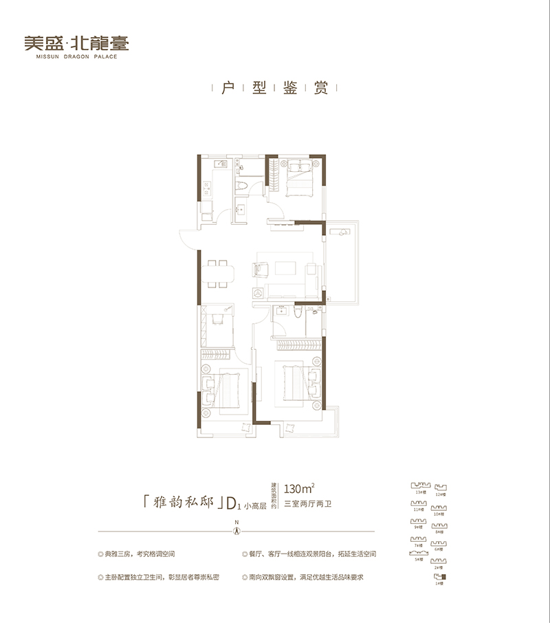 美盛北龙台D1小高层三室两厅两卫130㎡（D1）